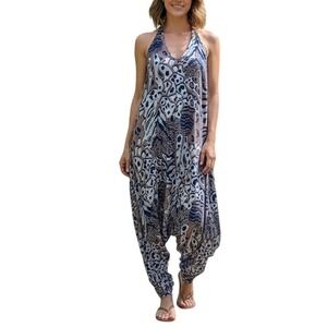 Buddha Pants Animal Print Convertible‎ Harem Jumpsuit – Blue & Tan, Size XXS